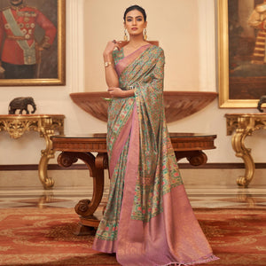 green-partywear-digital-printed-silk-saree-134050