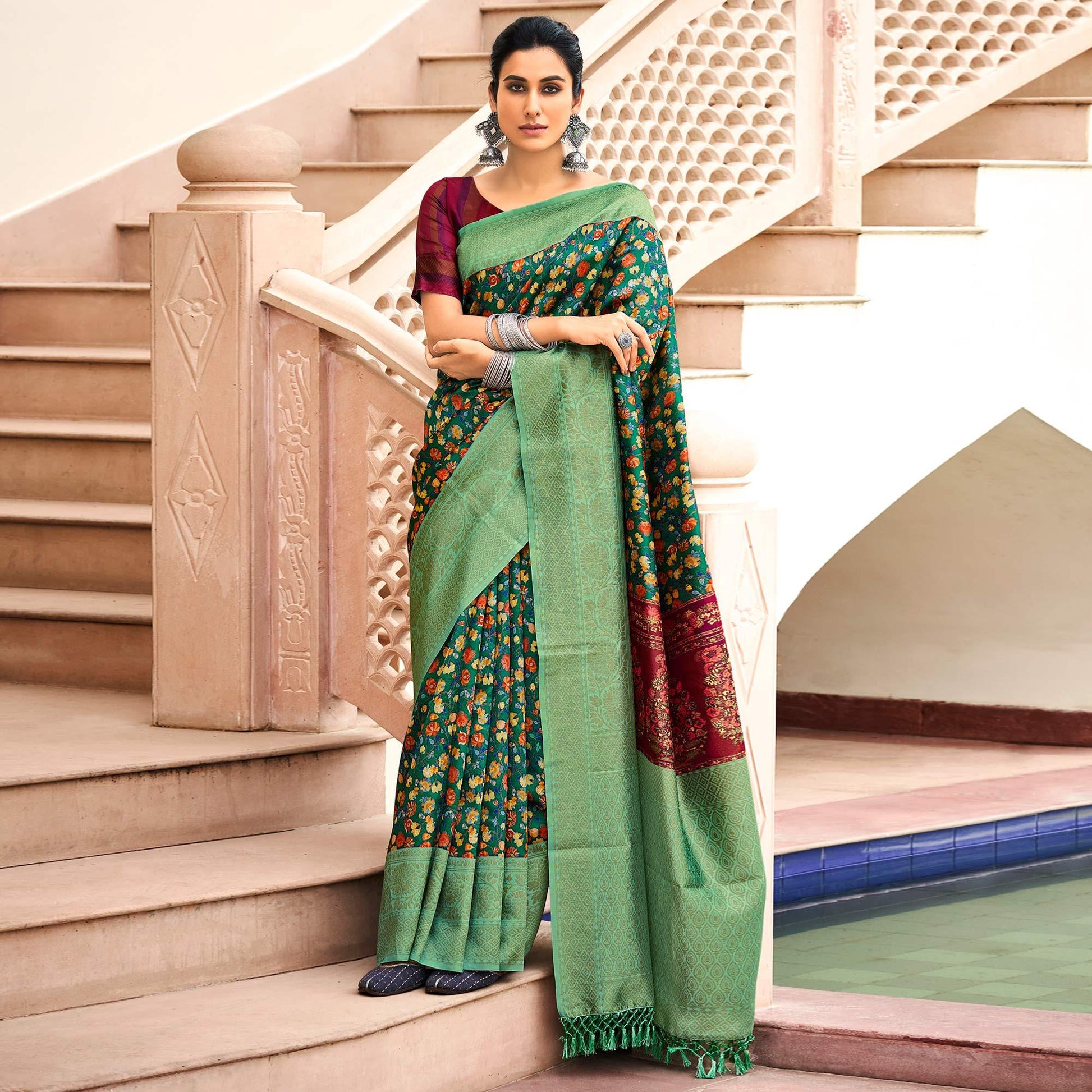green-partywear-digital-printed-silk-saree-124417