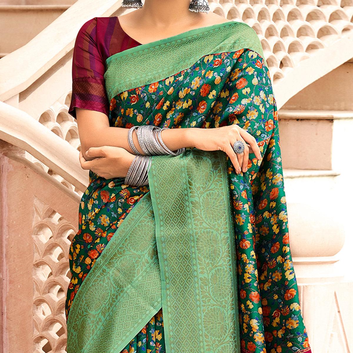 green-partywear-digital-printed-silk-saree-124417