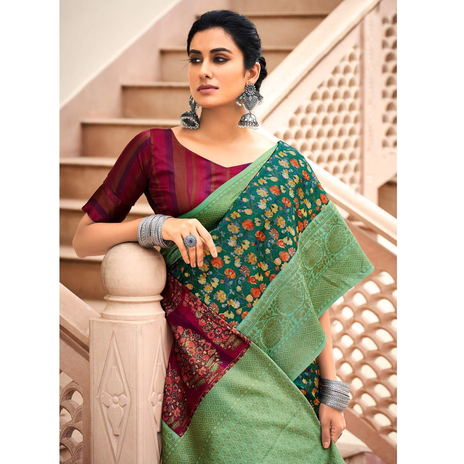 green-partywear-digital-printed-silk-saree-124417