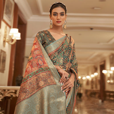 green-partywear-digital-printed-silk-saree-134054