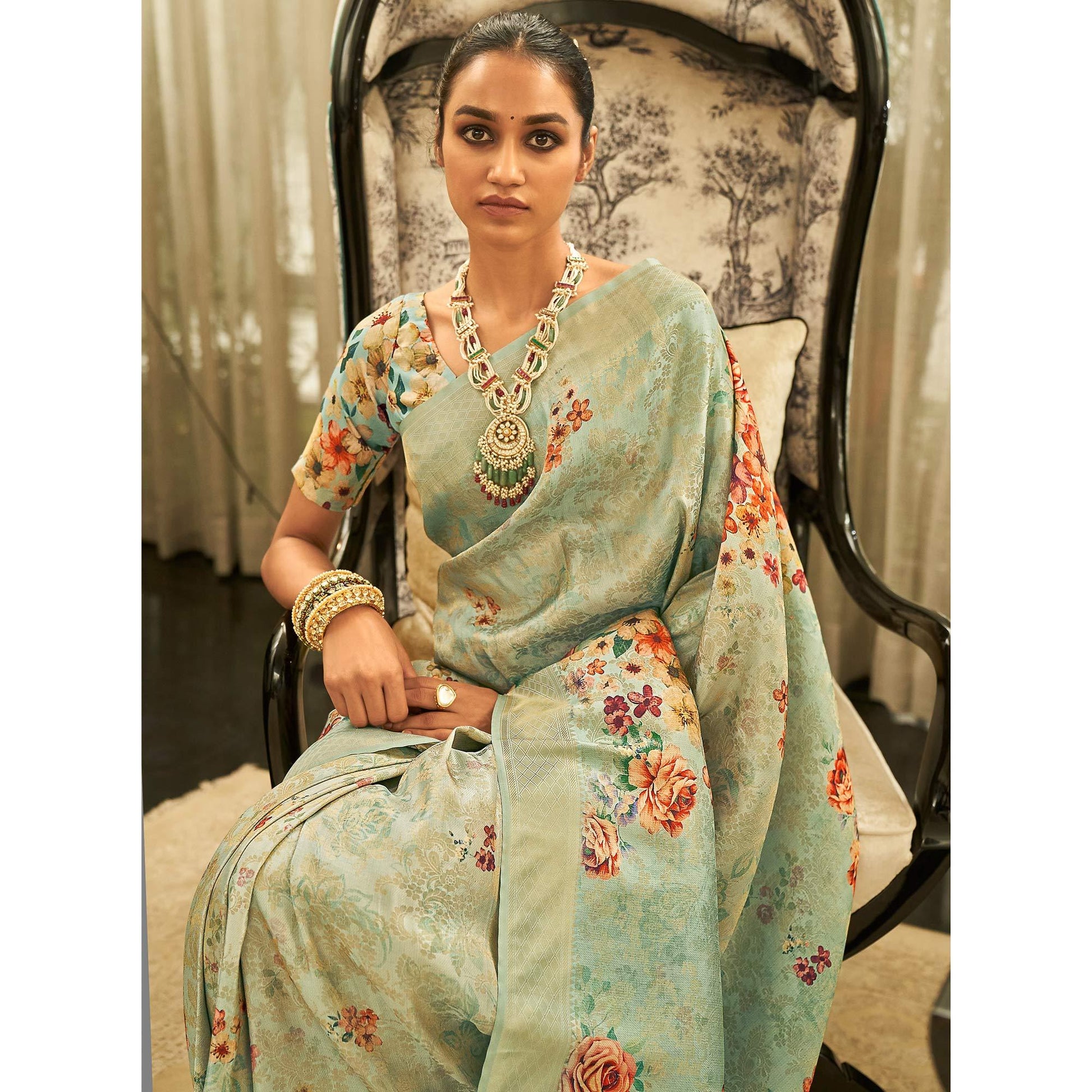 green-partywear-digital-printed-silk-saree-127933