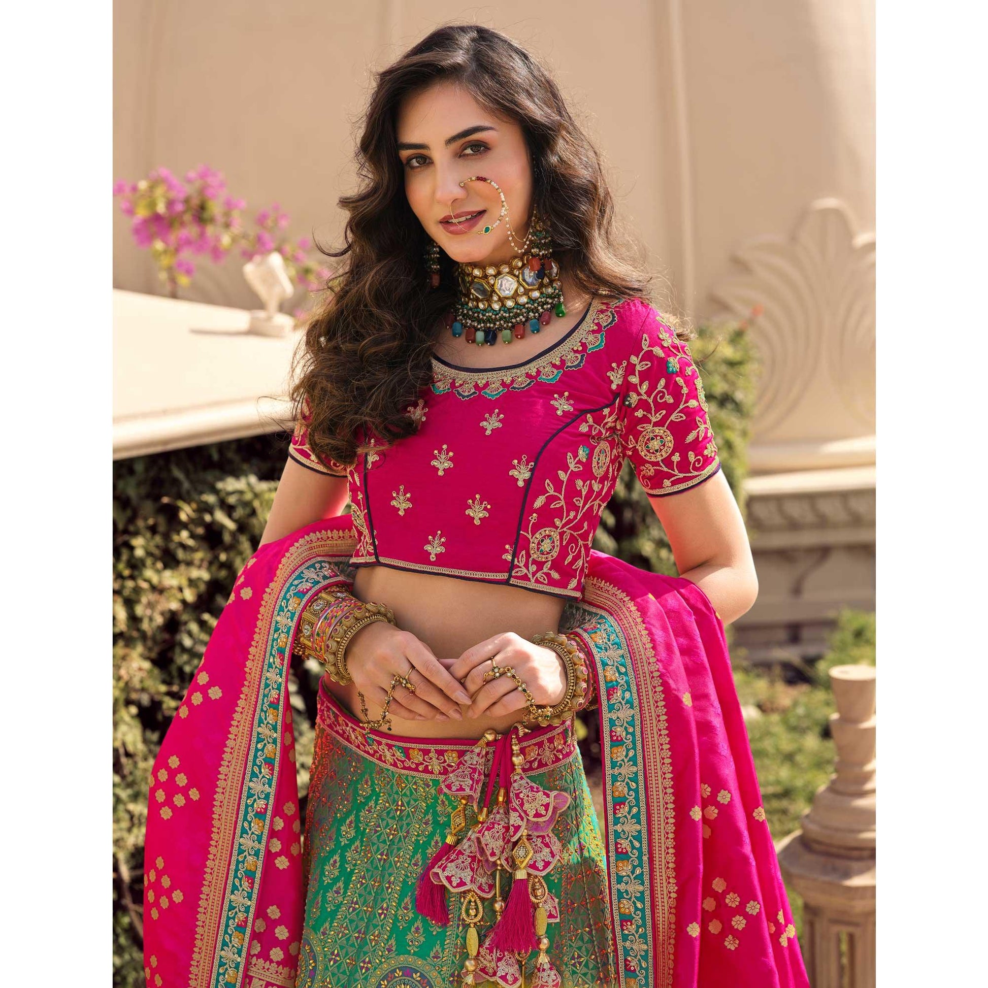 green-partywear-stone-embroiderd-banarasi-silk-lehenga-139014