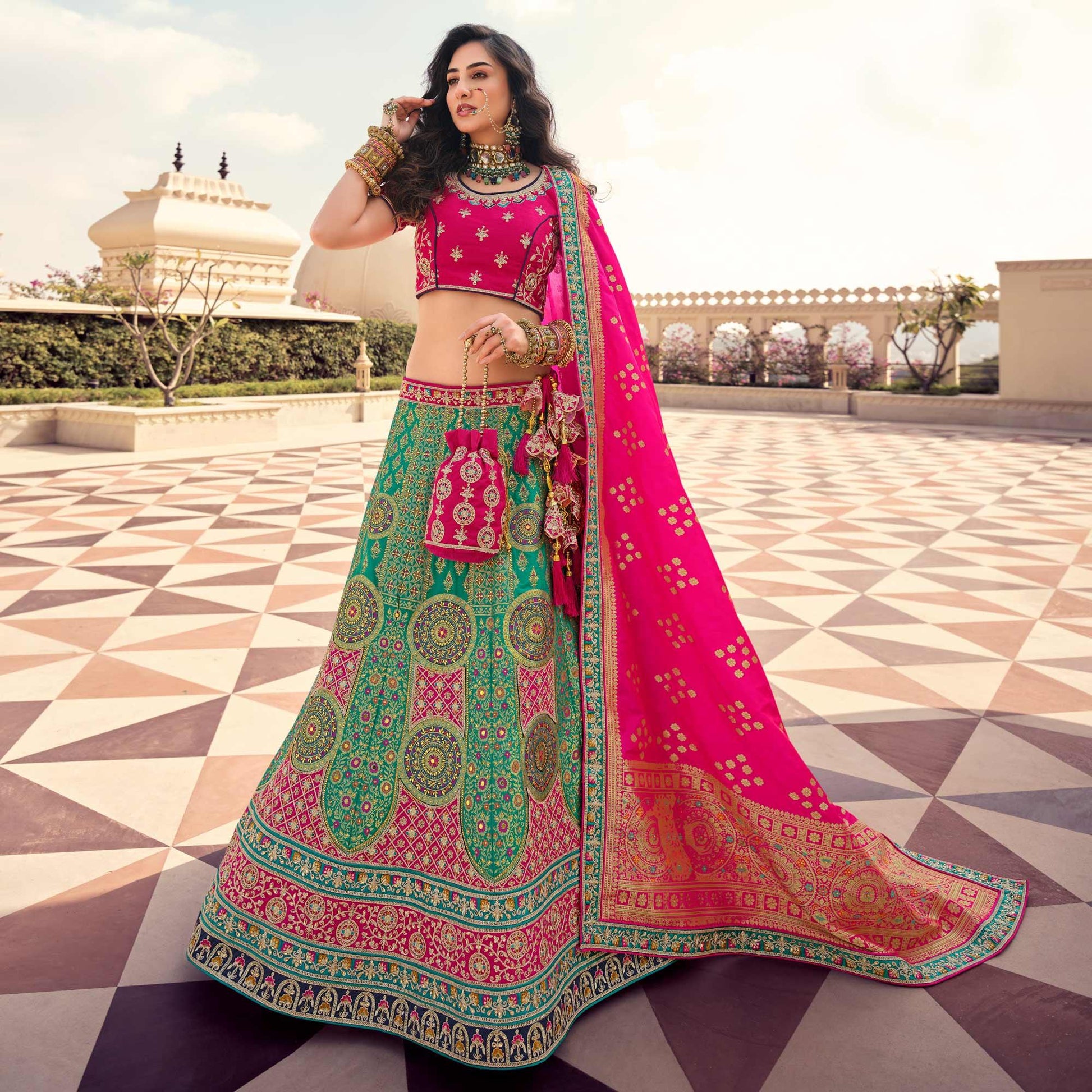 green-partywear-stone-embroiderd-banarasi-silk-lehenga-139014