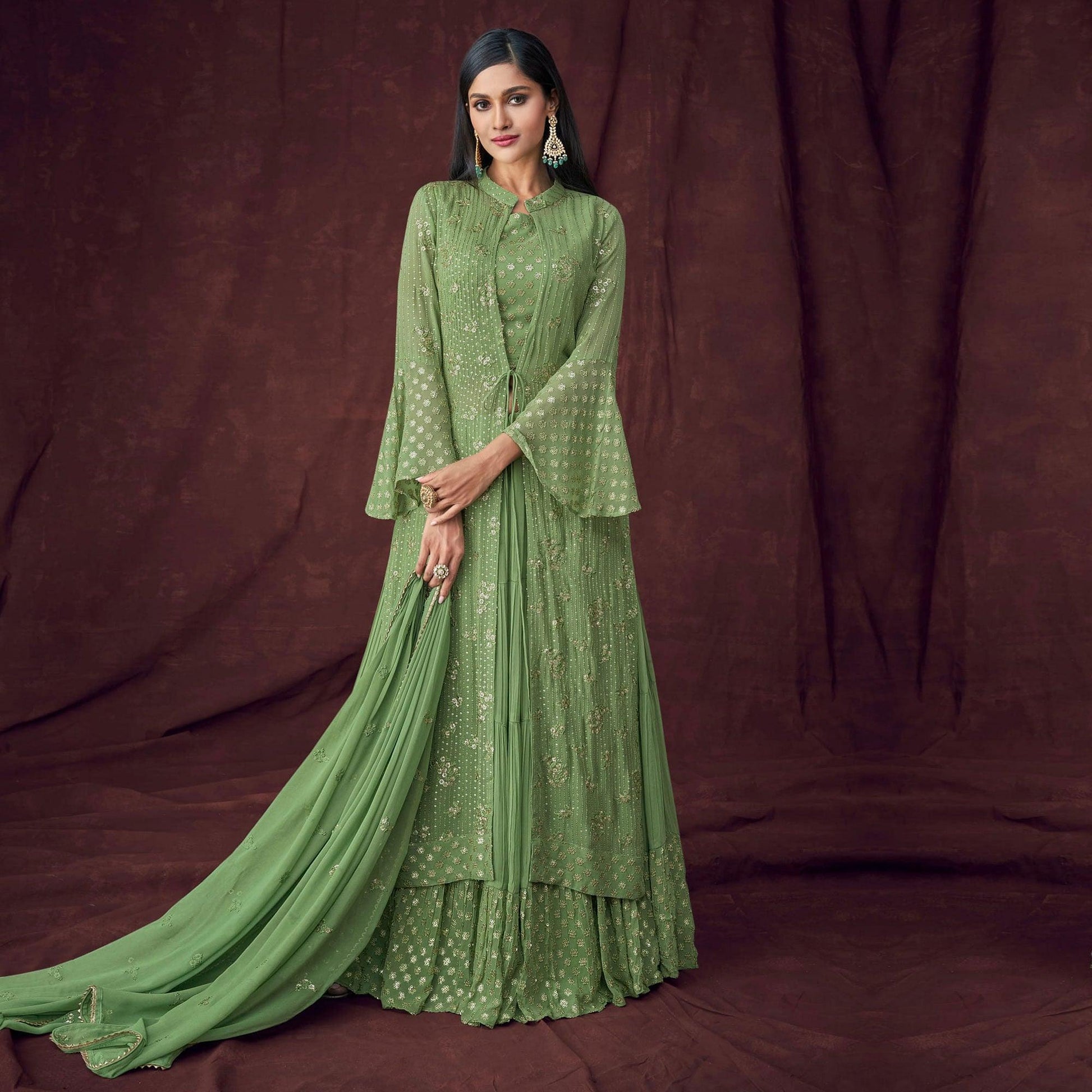 green-partywear-embroidered-embellished-georgette-lehenga-choli-with-jacket-139406