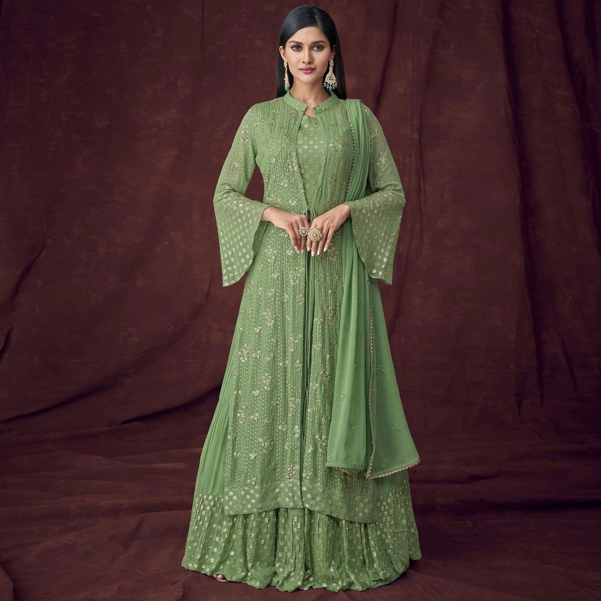 green-partywear-embroidered-embellished-georgette-lehenga-choli-with-jacket-139406