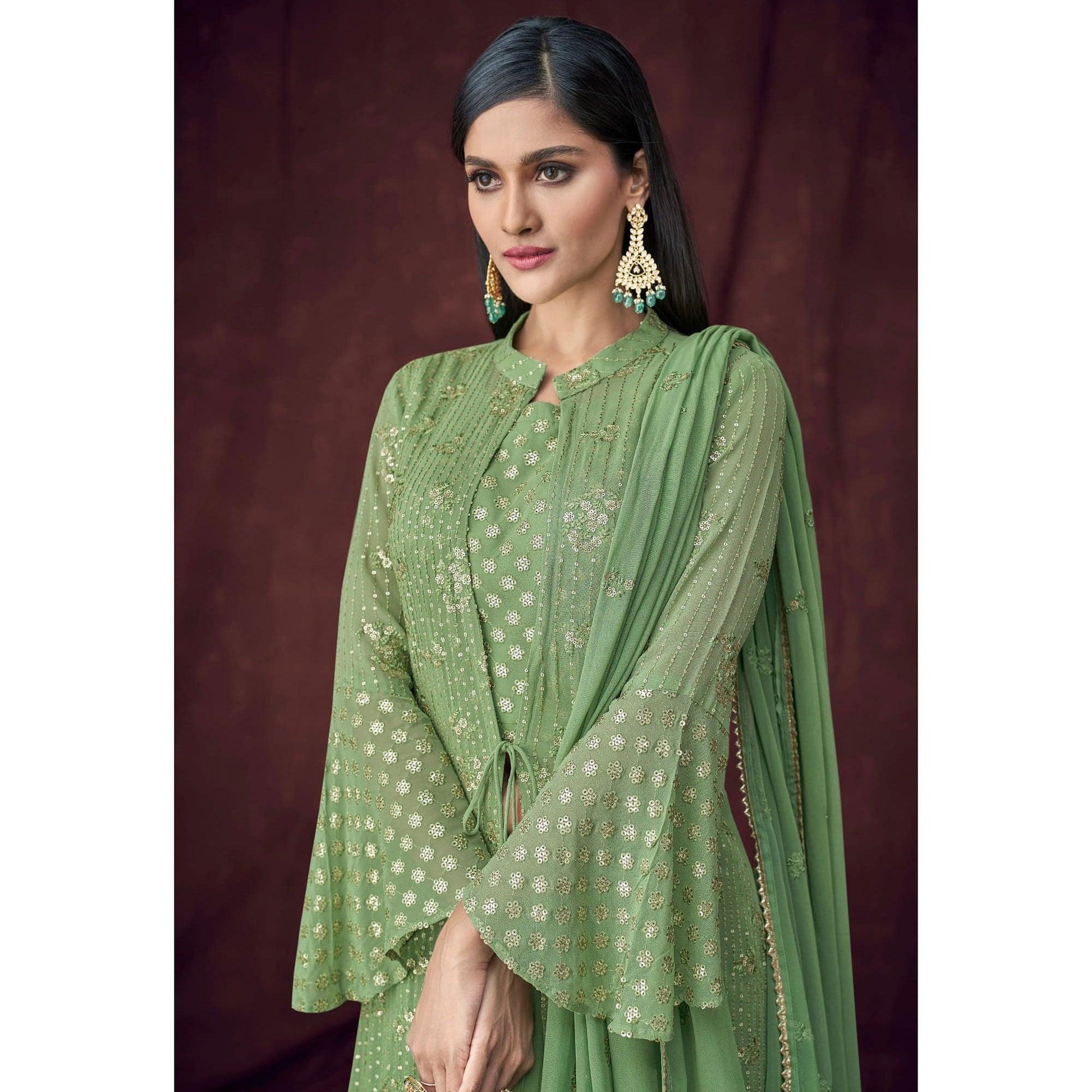 green-partywear-embroidered-embellished-georgette-lehenga-choli-with-jacket-139406