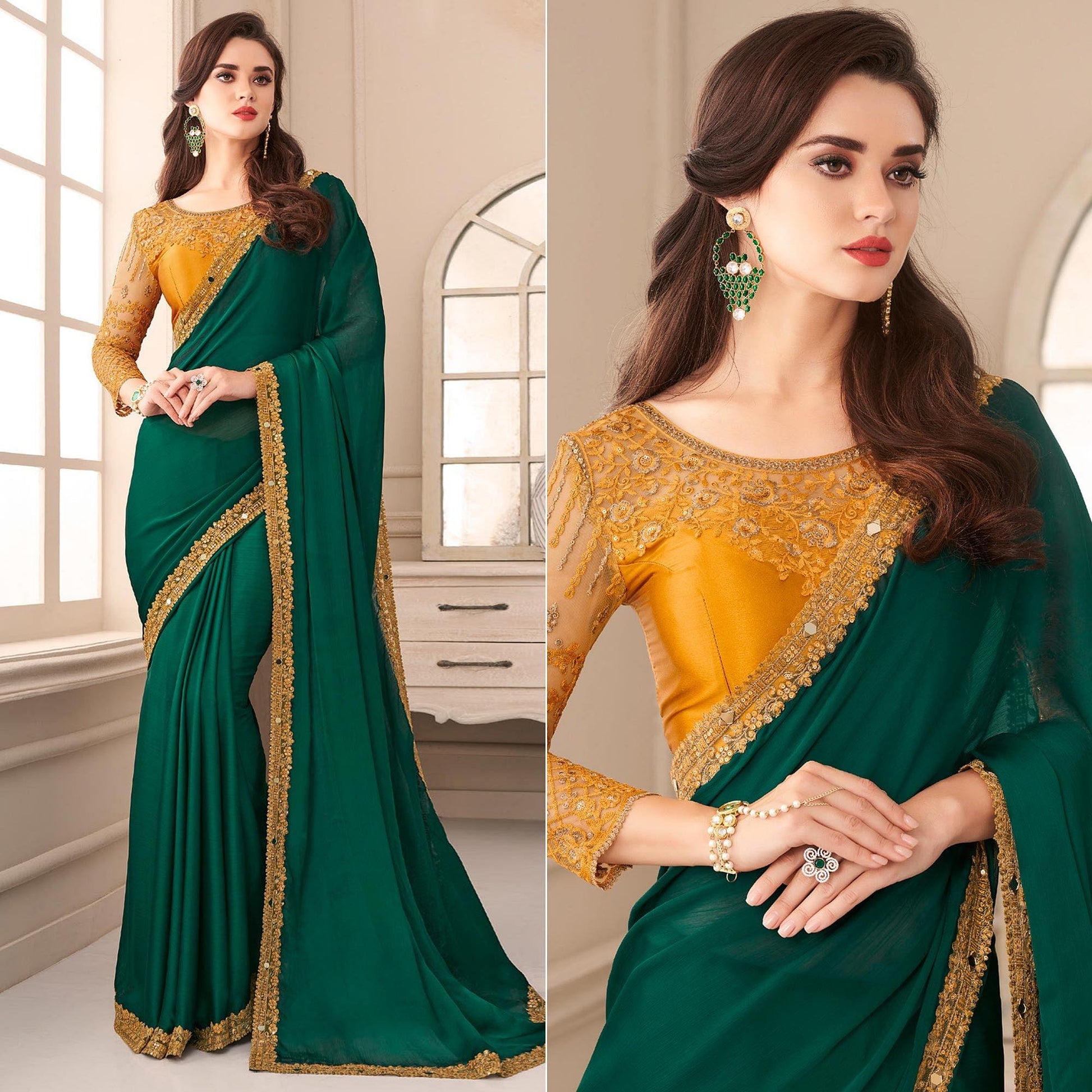 green-partywear-embroidered-embellished-satin-saree