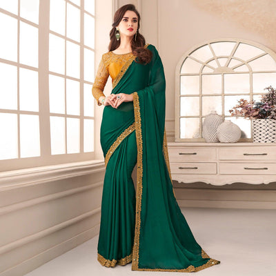green-partywear-embroidered-embellished-satin-saree