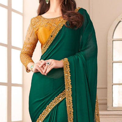 green-partywear-embroidered-embellished-satin-saree