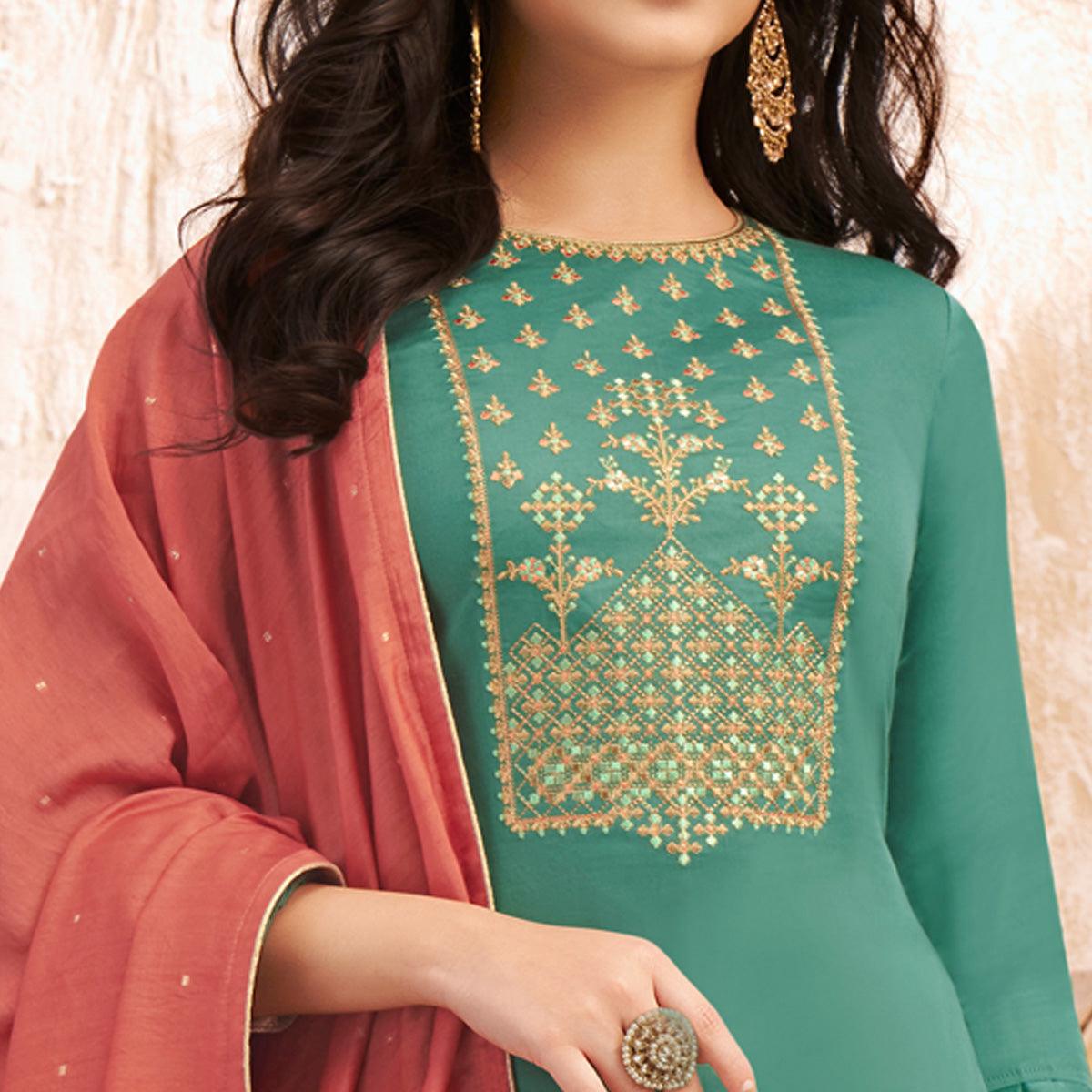 green-partywear-embroidered-jaam-silk-kurti-pant-set-132641