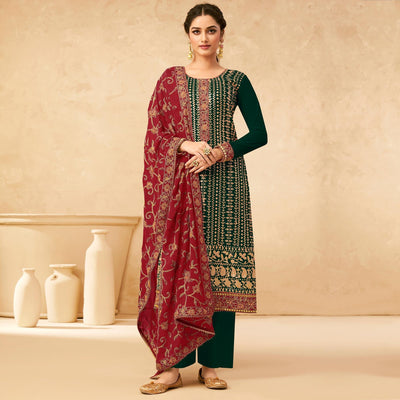 green-partywear-embroidered-pure-georgette-kurti-pant-set-132635