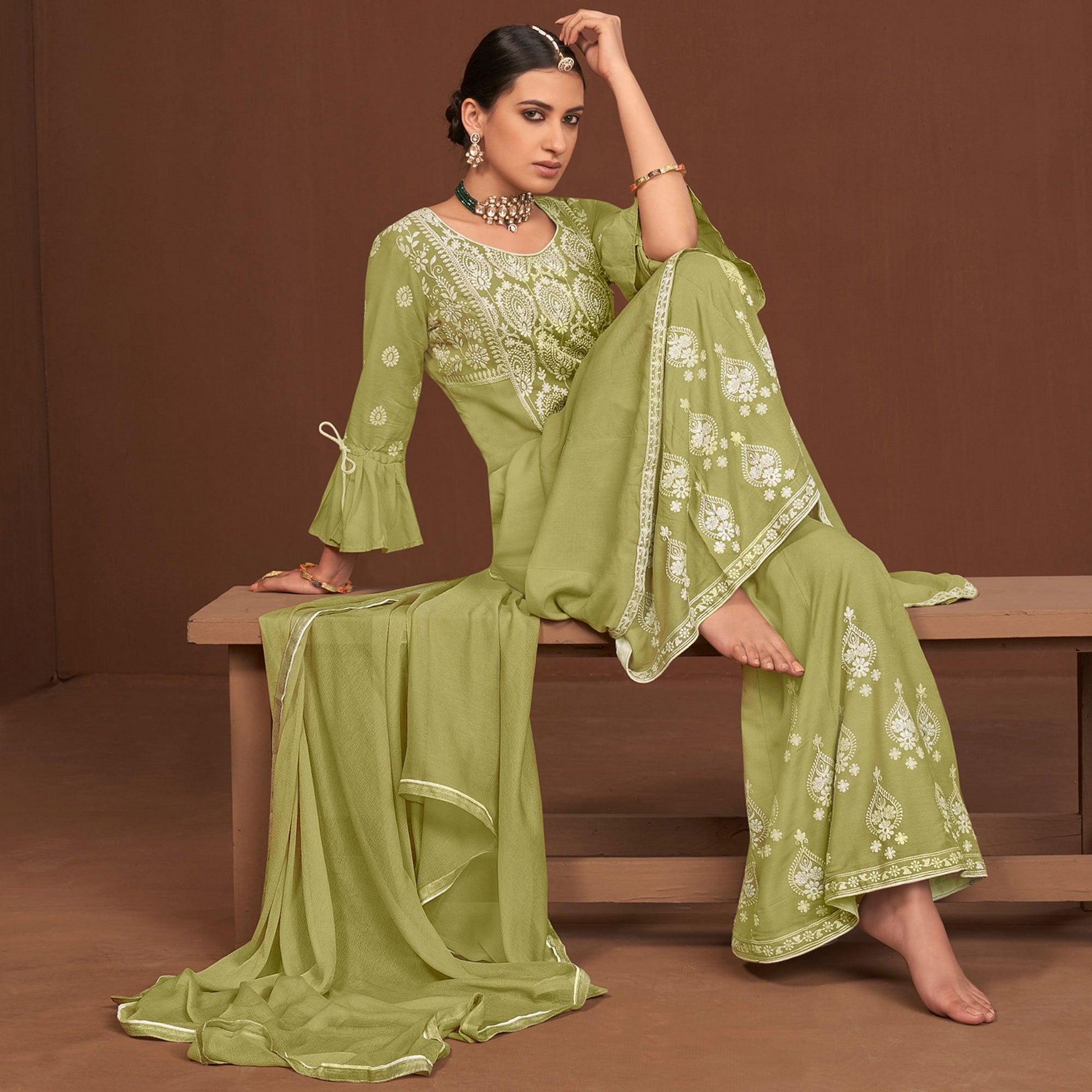 green-partywear-embroidered-rayon-kurti-palazzo-set-135211