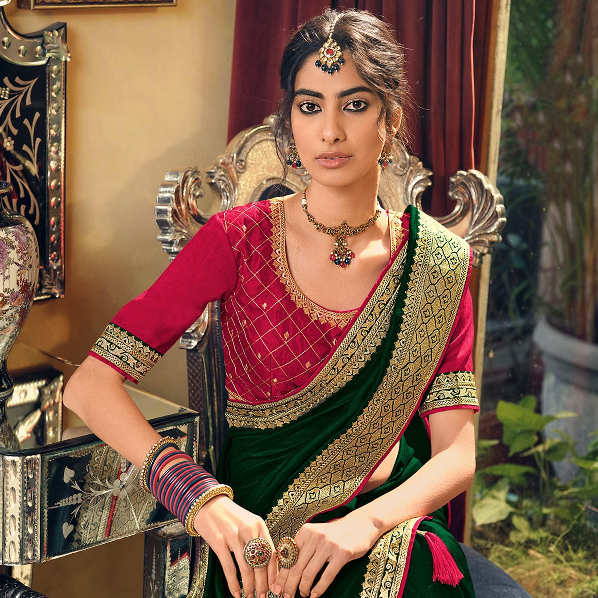 green-partywear-embroidered-vichitra-silk-saree-138143