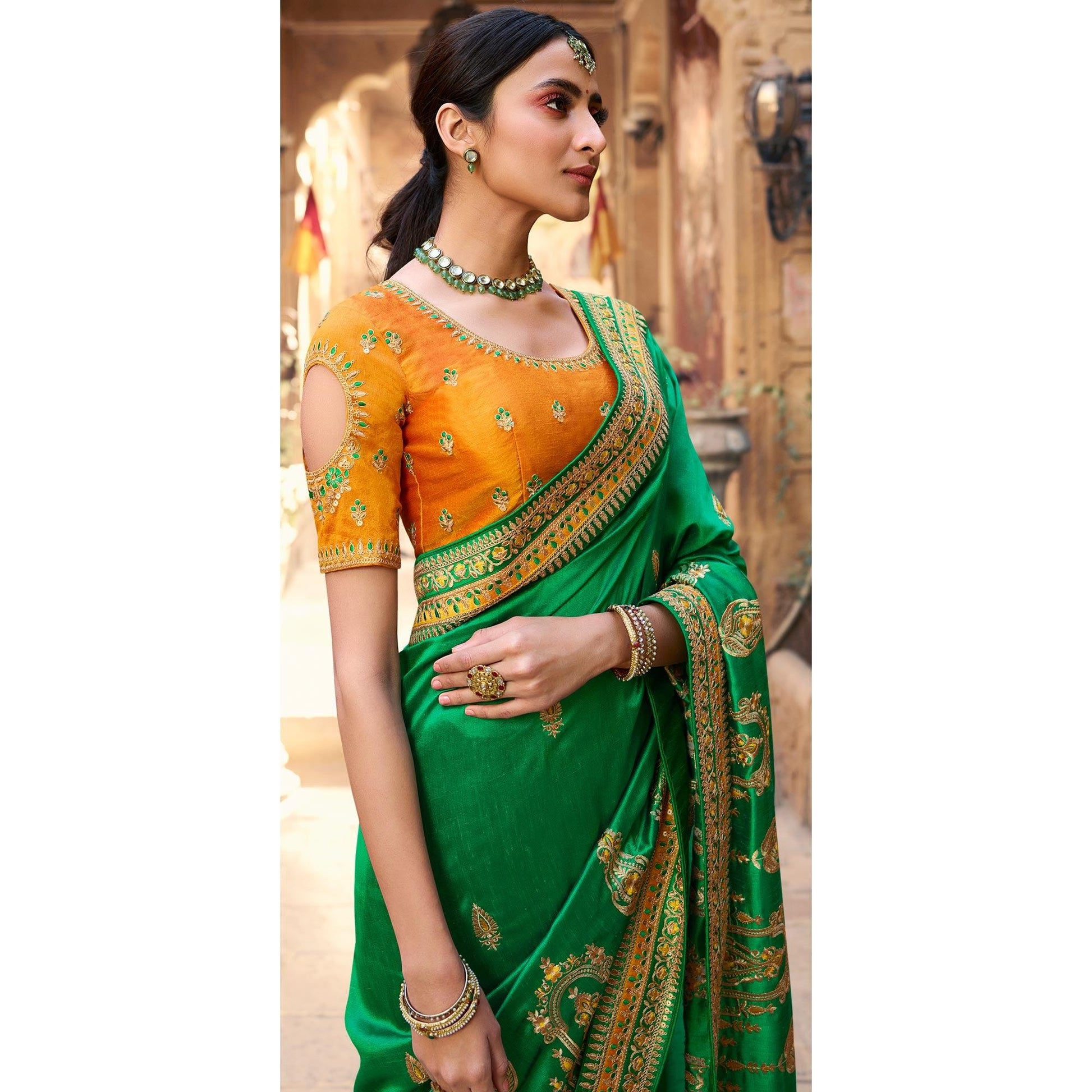 green-partywear-embroidered-vichitra-silk-saree-123558