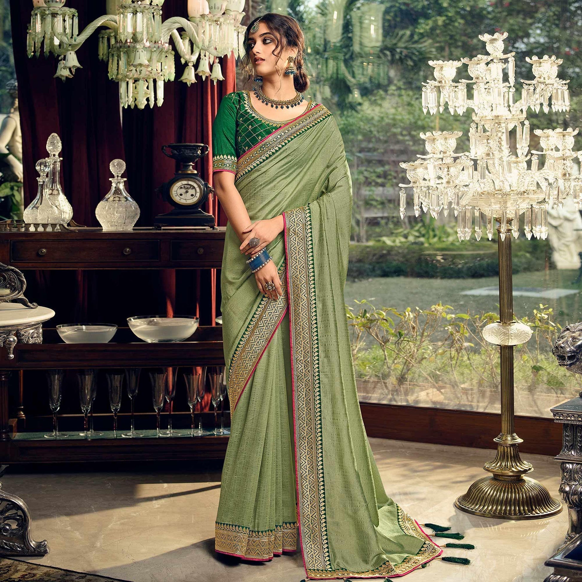 green-partywear-embroidered-vichitra-silk-saree-138147
