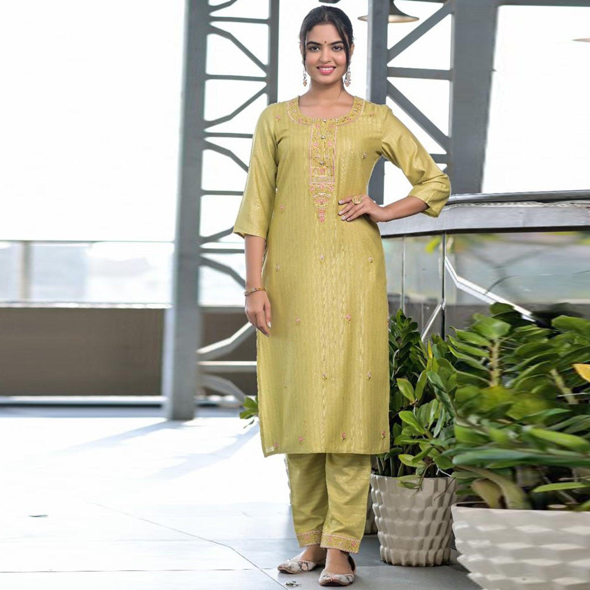 green-partywear-embroidered-with-printed-kurti-pant-set-138013