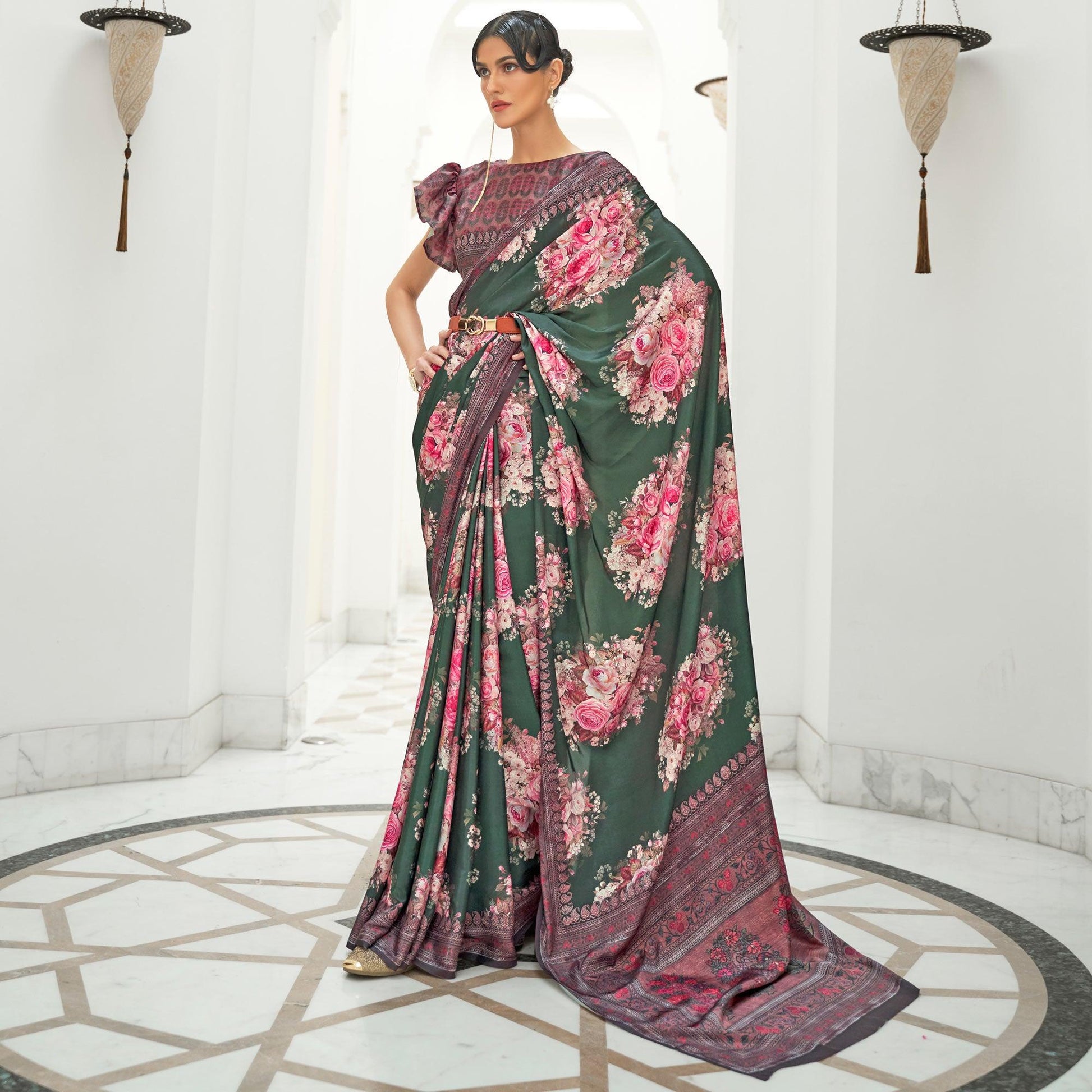 green-partywear-floral-digital-printed-silk-saree-138801