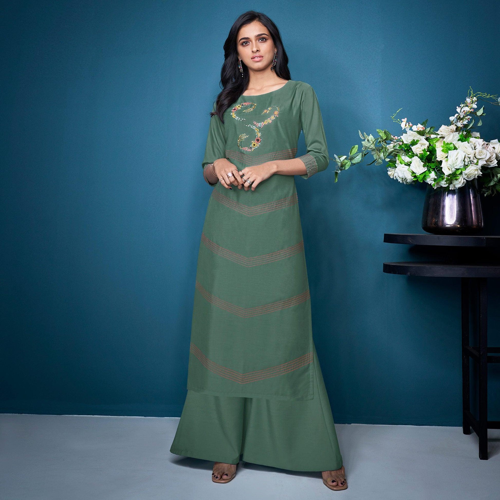 green-partywear-floral-embroidered-handwork-silk-kurti-palazzo-suit-140672
