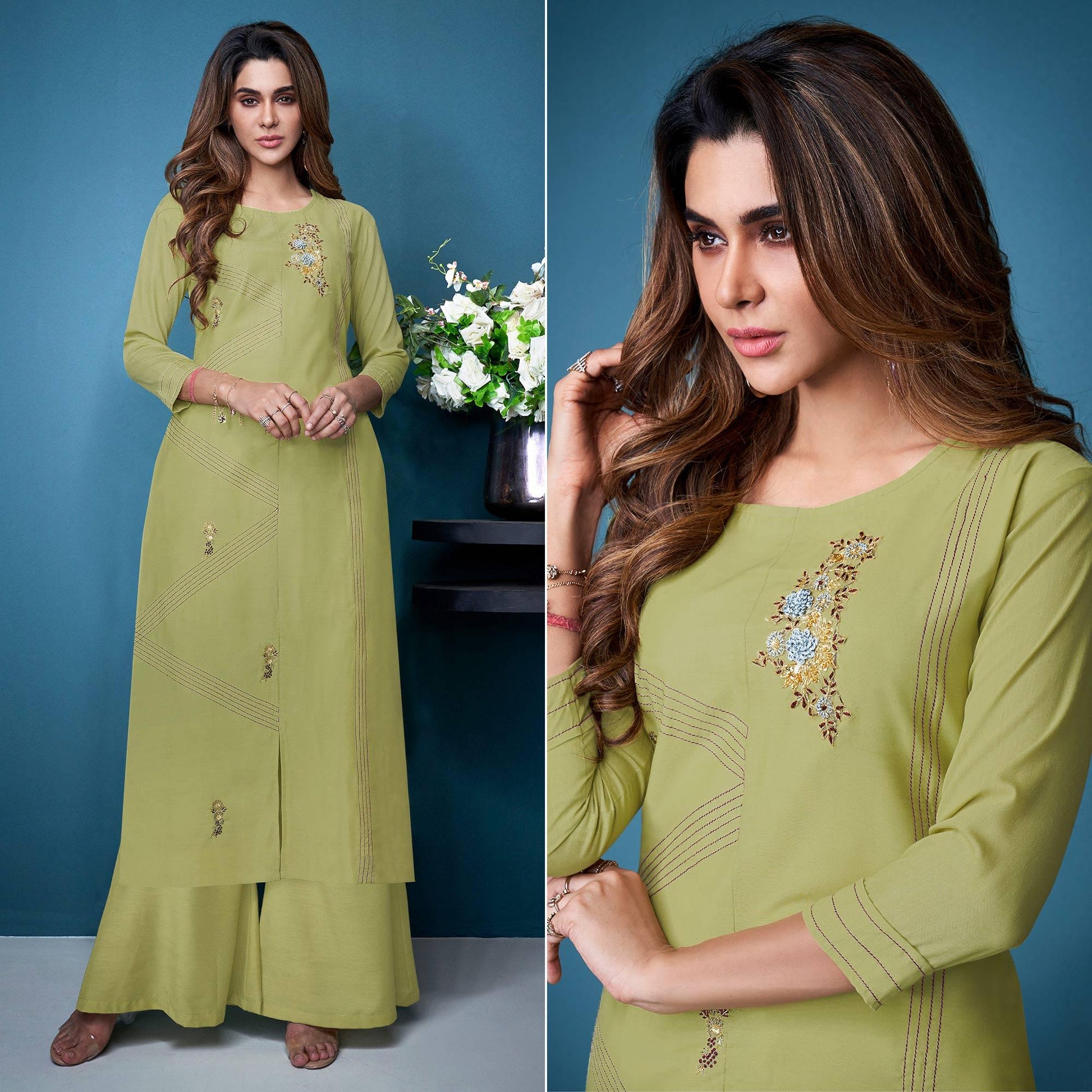 green-partywear-floral-embroidered-handwork-silk-kurti-palazzo-suit-140670