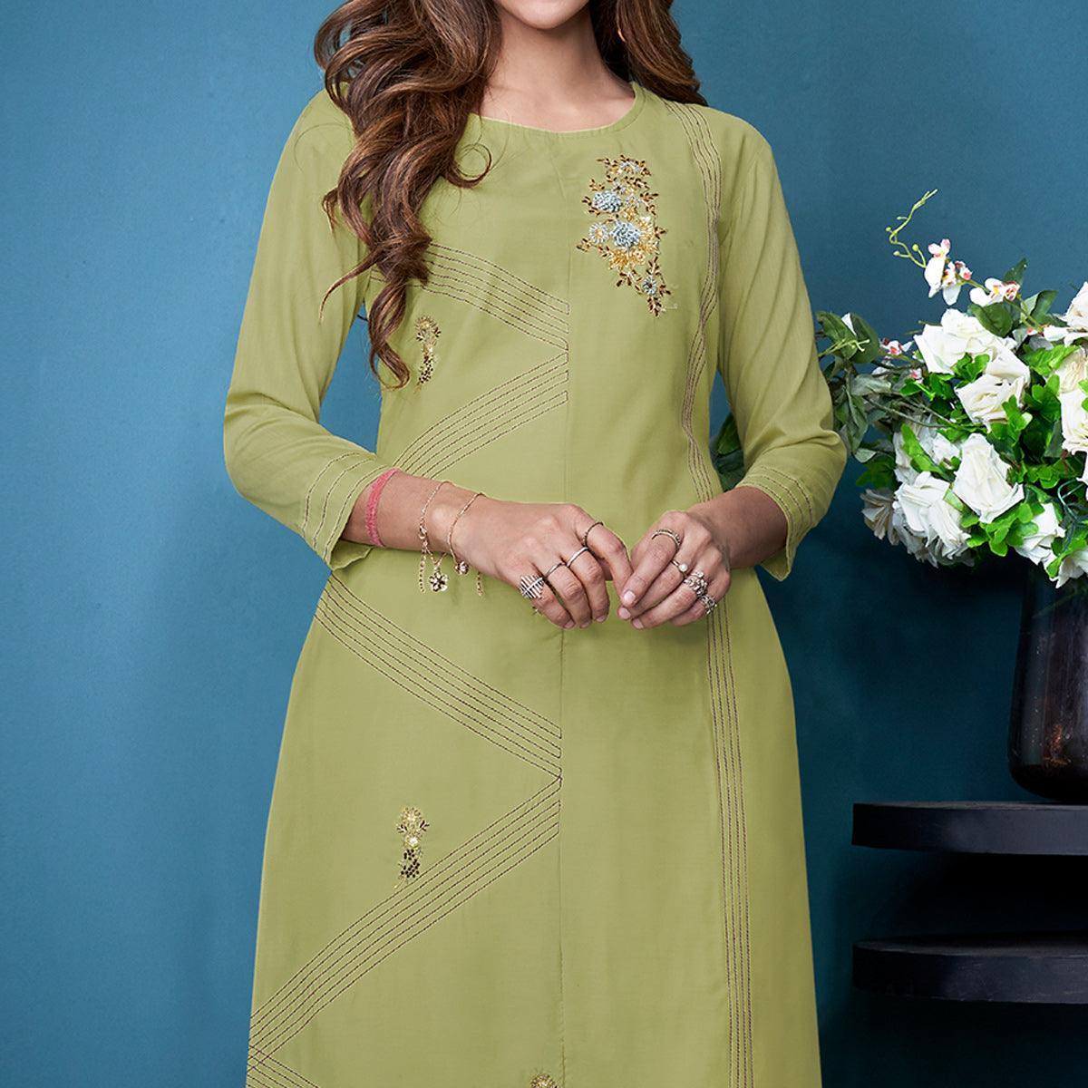 green-partywear-floral-embroidered-handwork-silk-kurti-palazzo-suit-140670