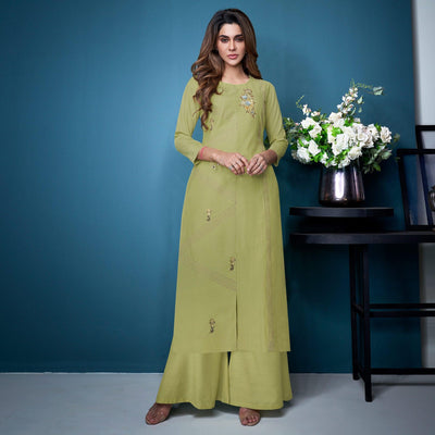 green-partywear-floral-embroidered-handwork-silk-kurti-palazzo-suit-140670