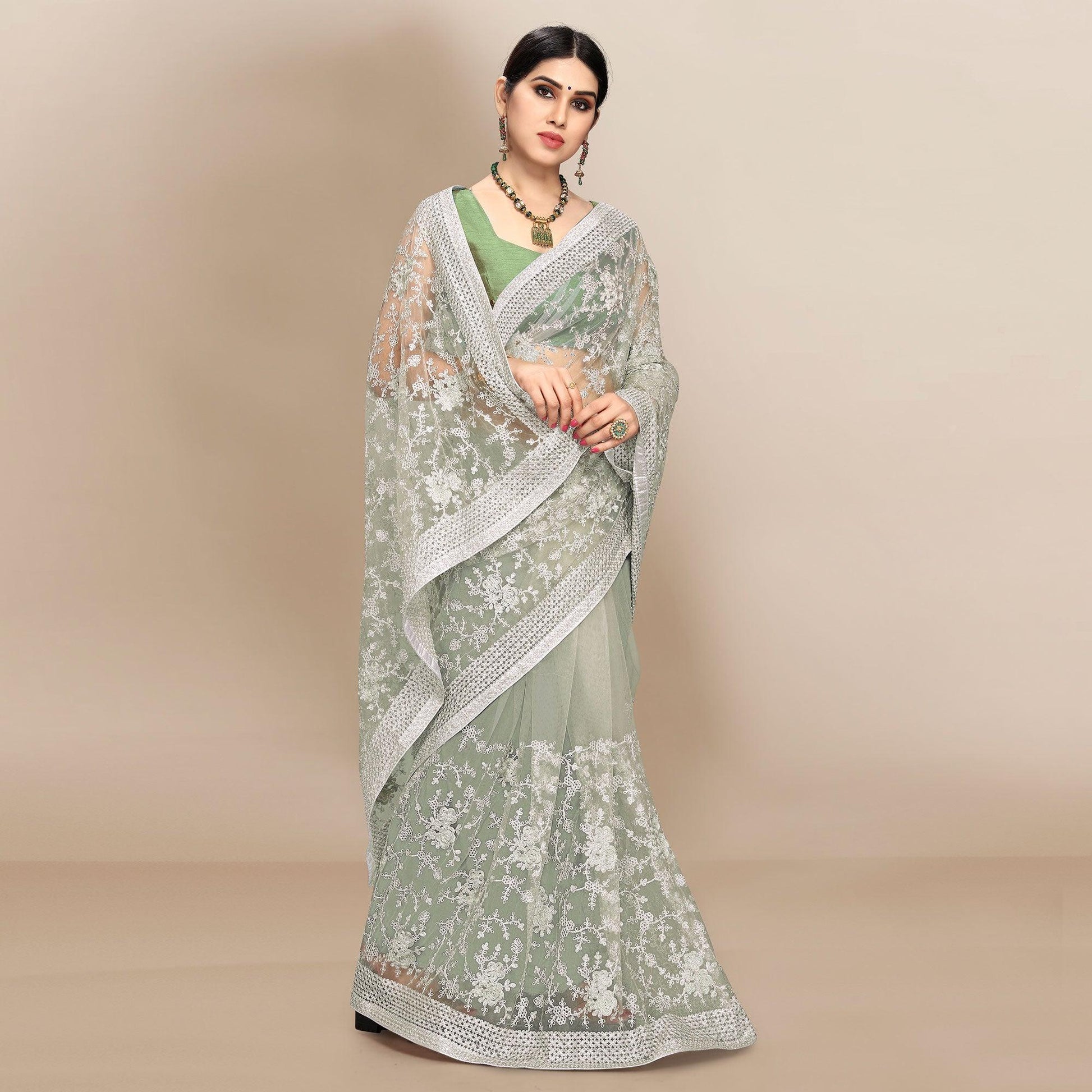 green-partywear-floral-embroidered-soft-net-saree-129763