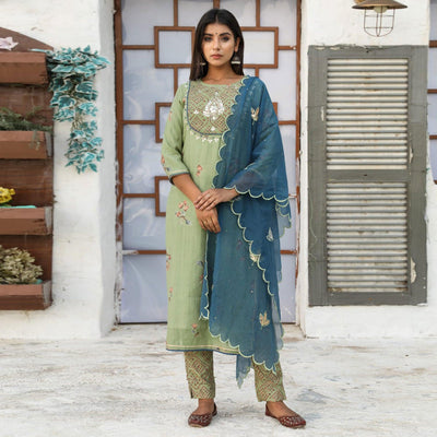 green-partywear-floral-print-with-embroidered-cotton-kurti-pant-set-126223