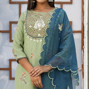 green-partywear-floral-print-with-embroidered-cotton-kurti-pant-set-126223