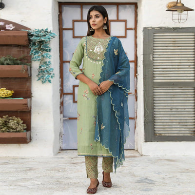 green-partywear-floral-print-with-embroidered-cotton-kurti-pant-set-126223