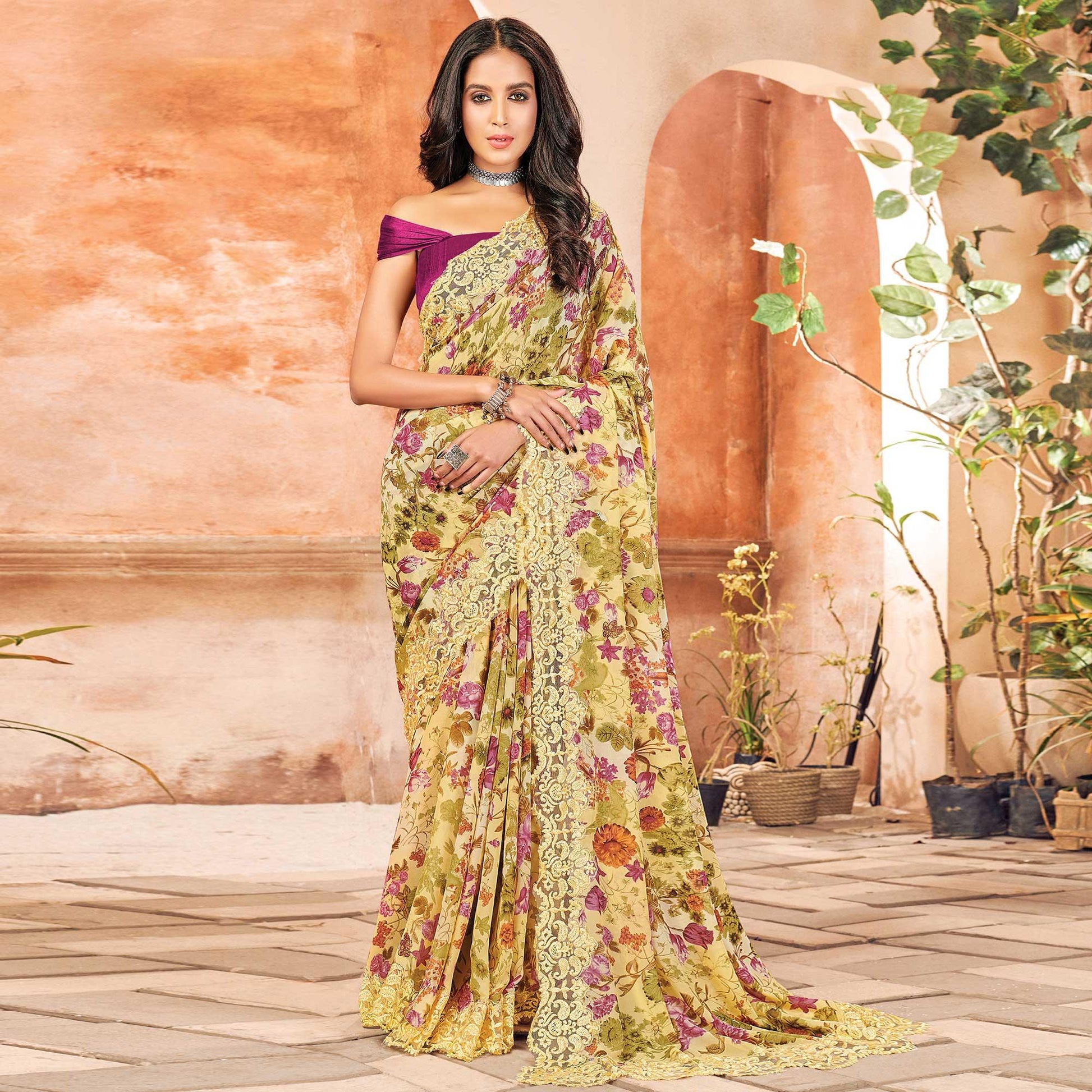 green-partywear-floral-printed-georgette-saree-designer-lace-127493