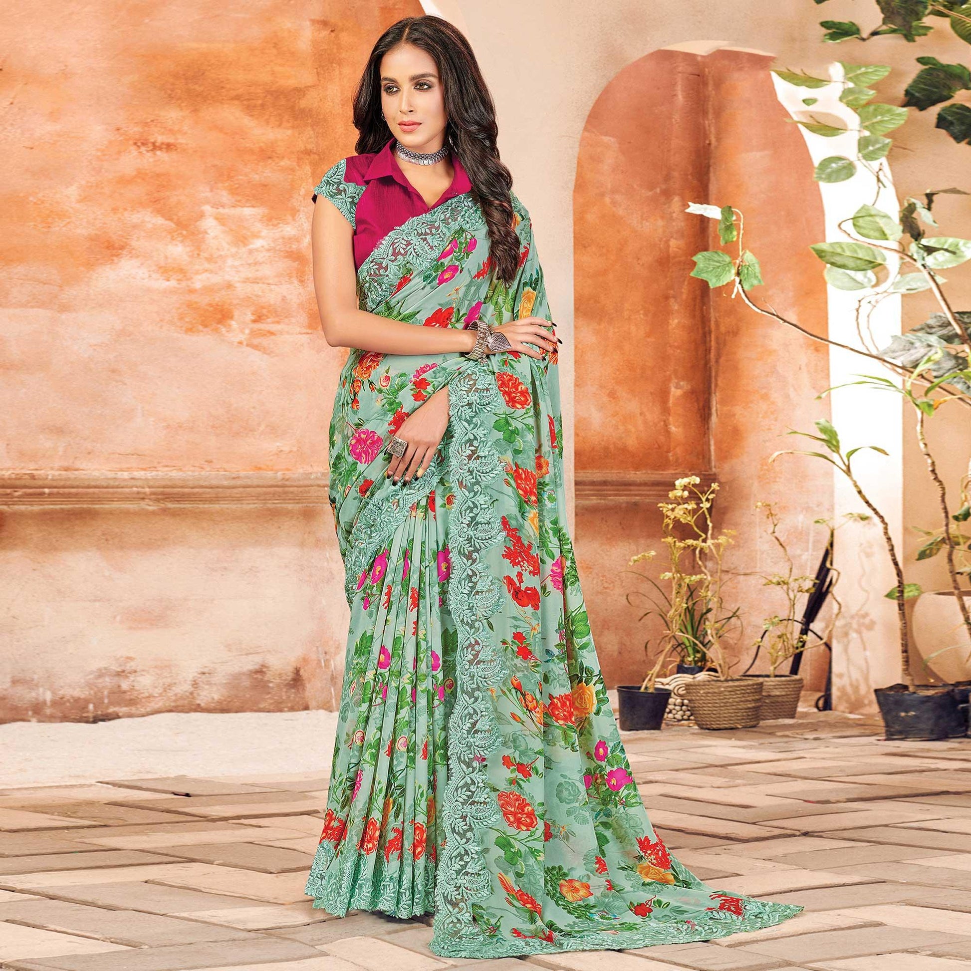 green-partywear-floral-printed-georgette-saree-designer-lace-127490