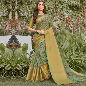 green-partywear-floral-printed-linen-saree-108110
