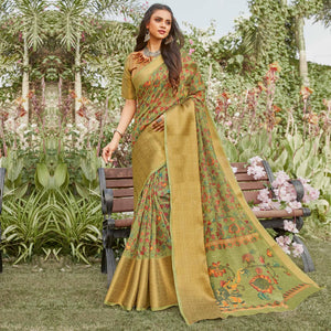 green-partywear-floral-printed-linen-saree-108112