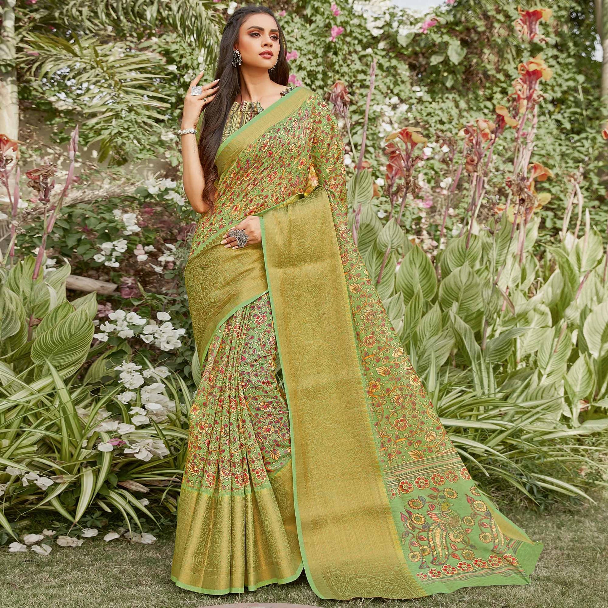 green-partywear-floral-printed-linen-saree-108108