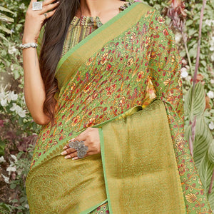 green-partywear-floral-printed-linen-saree-108108