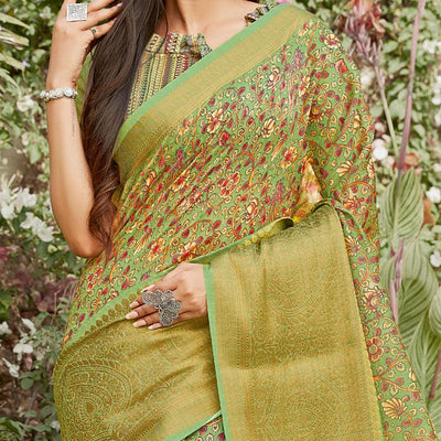 green-partywear-floral-printed-linen-saree-108108