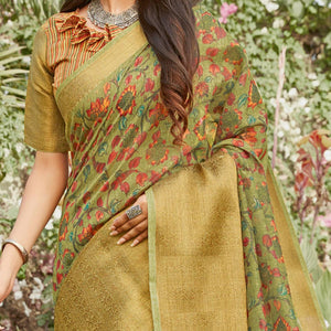 green-partywear-floral-printed-linen-saree-108112