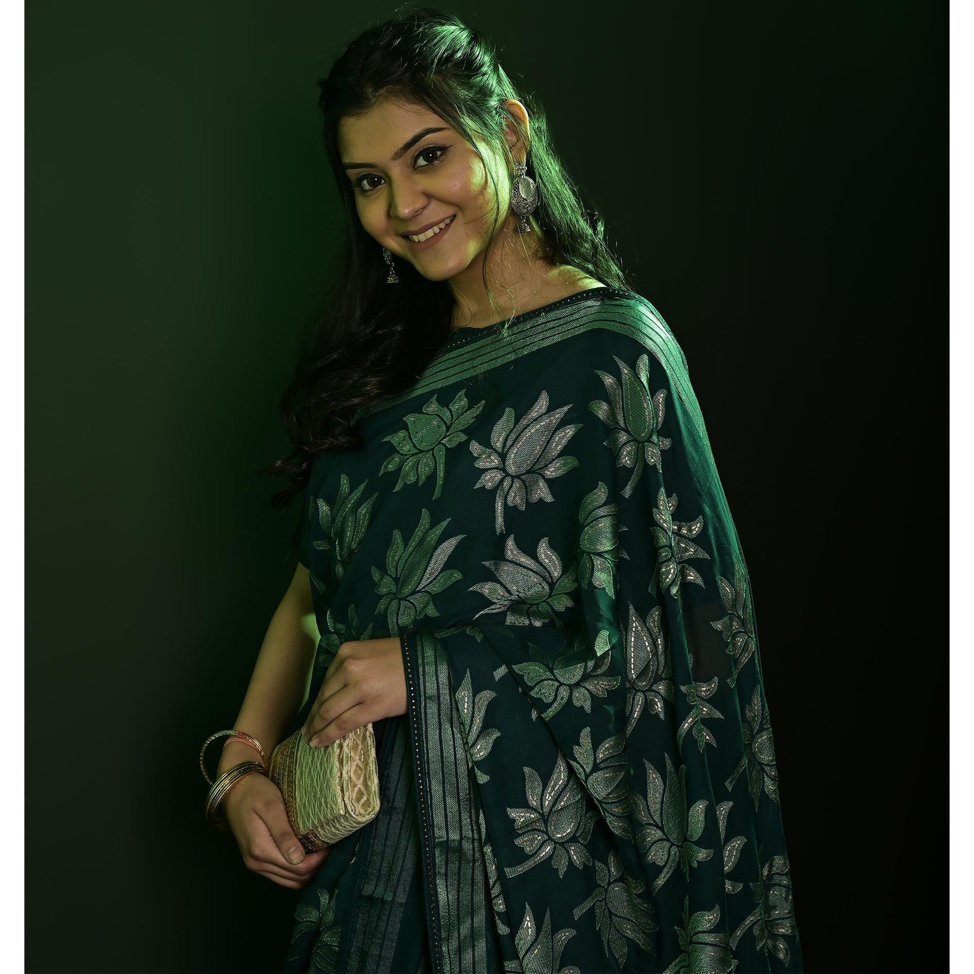 green-partywear-foil-printed-diamond-lace-brasso-saree-135533