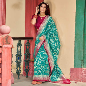green-partywear-foil-printed-silk-organza-saree-136972