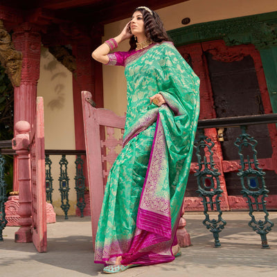green-partywear-foil-printed-silk-organza-saree-136975