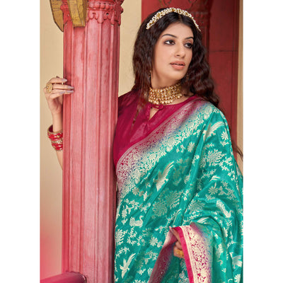 green-partywear-foil-printed-silk-organza-saree-136972
