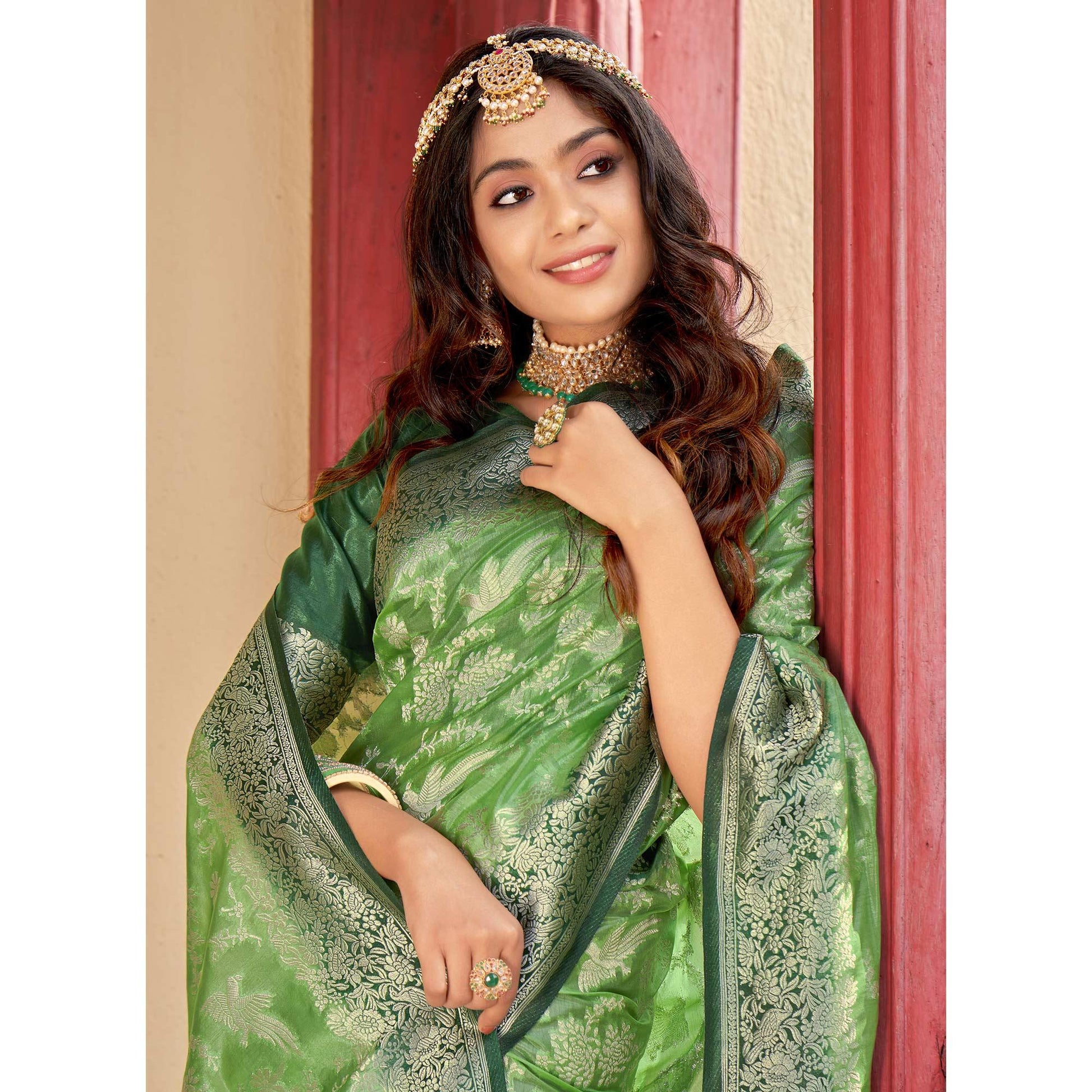 green-partywear-foil-printed-silk-organza-saree-136973