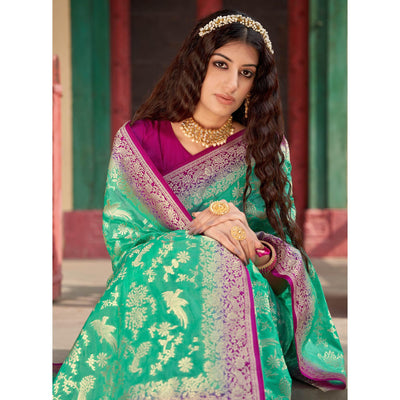 green-partywear-foil-printed-silk-organza-saree-136975
