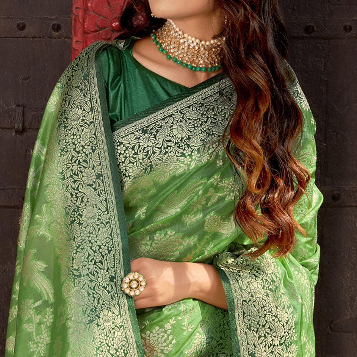 green-partywear-foil-printed-silk-organza-saree-136973