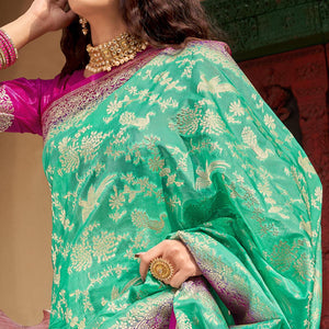 green-partywear-foil-printed-silk-organza-saree-136975