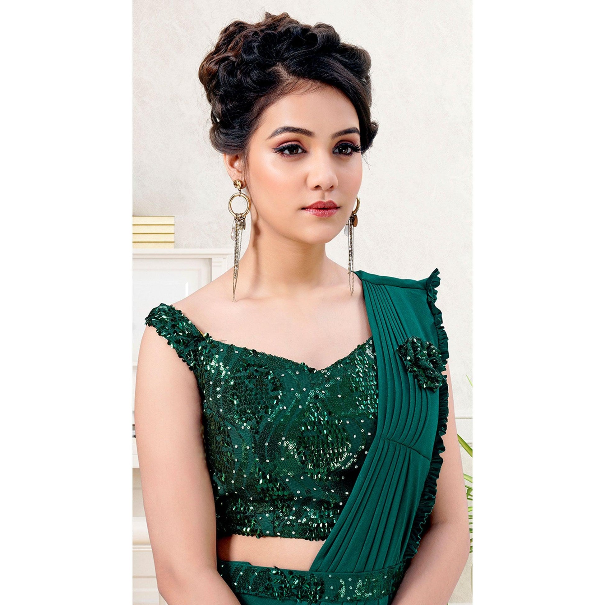 green-partywear-frill-sequence-mulmul-lycra-saree-134133