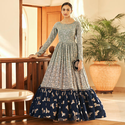 green-partywear-metallic-foil-work-georgette-gown-137534