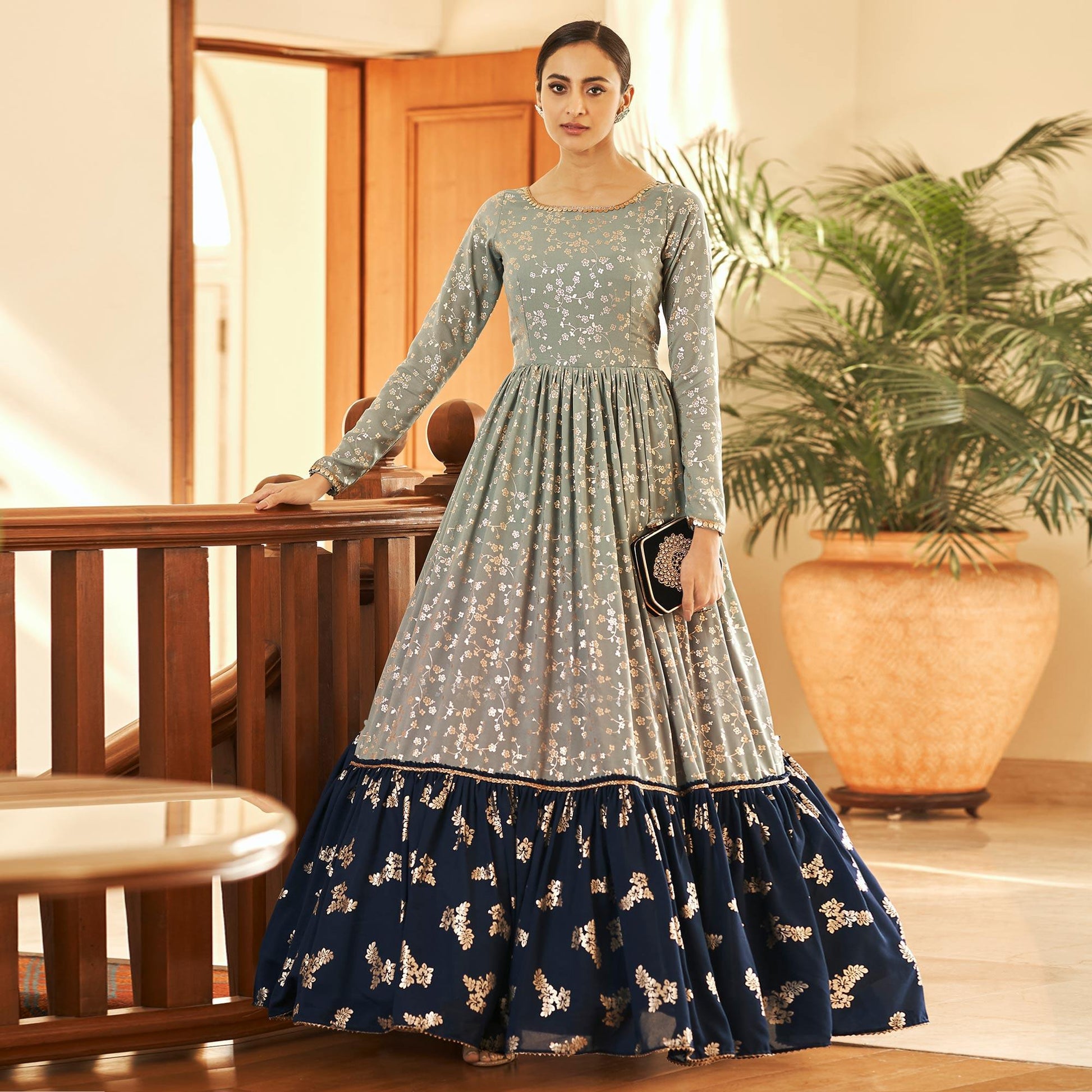 green-partywear-metallic-foil-work-georgette-gown-137534