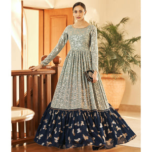 green-partywear-metallic-foil-work-georgette-gown-137534